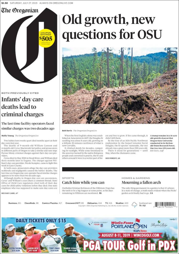 Portada de The Oregonian (USA)