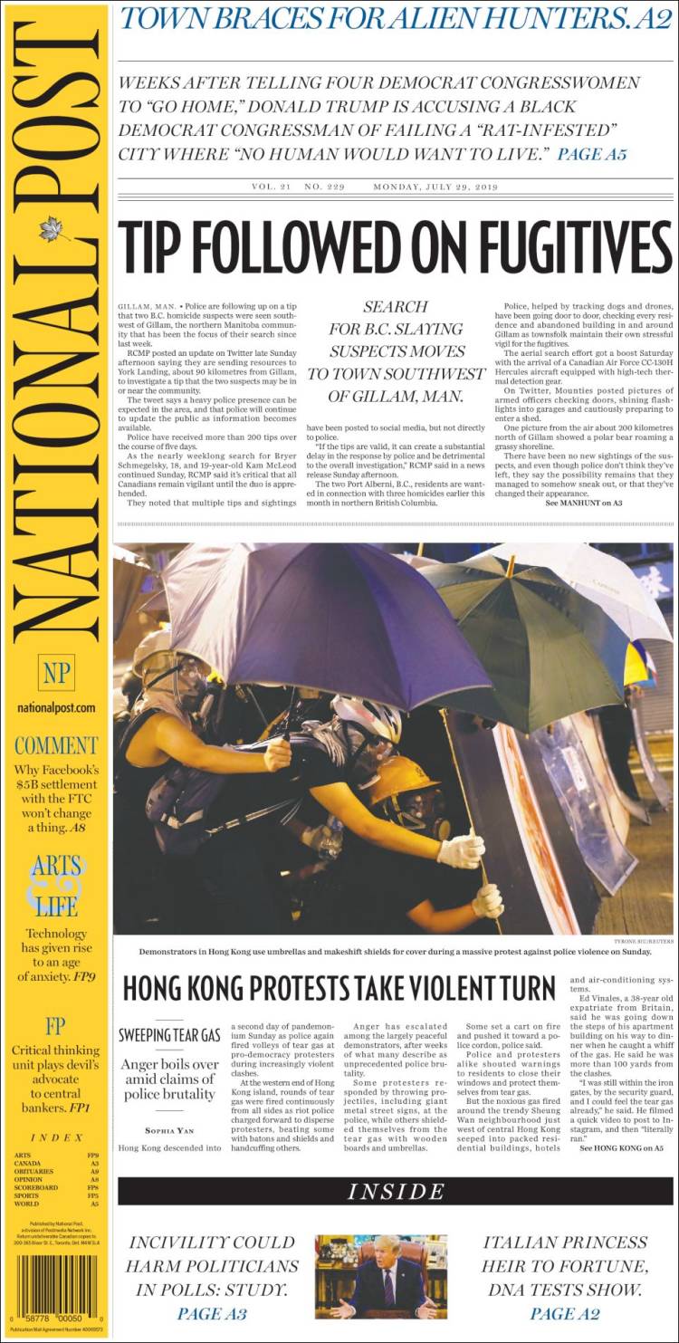 Portada de The National Post (Canadá)