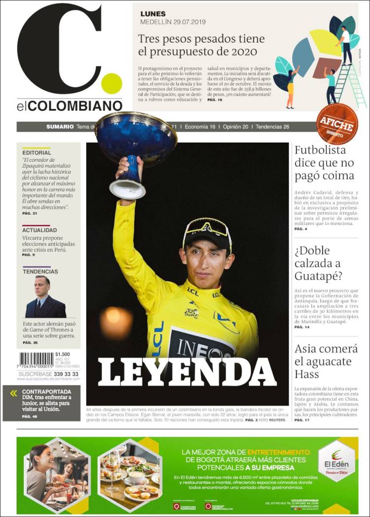 Portada de El Colombiano (Colombia)