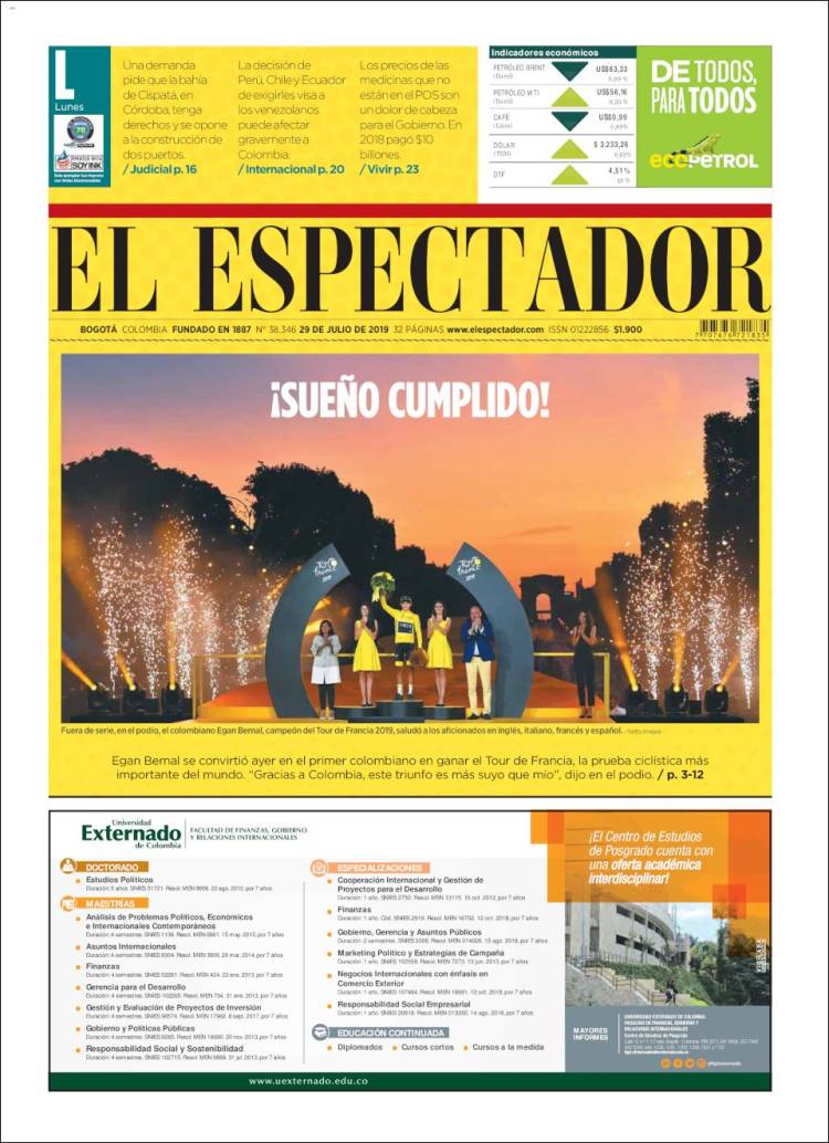 Portada de El Espectador (Colombia)