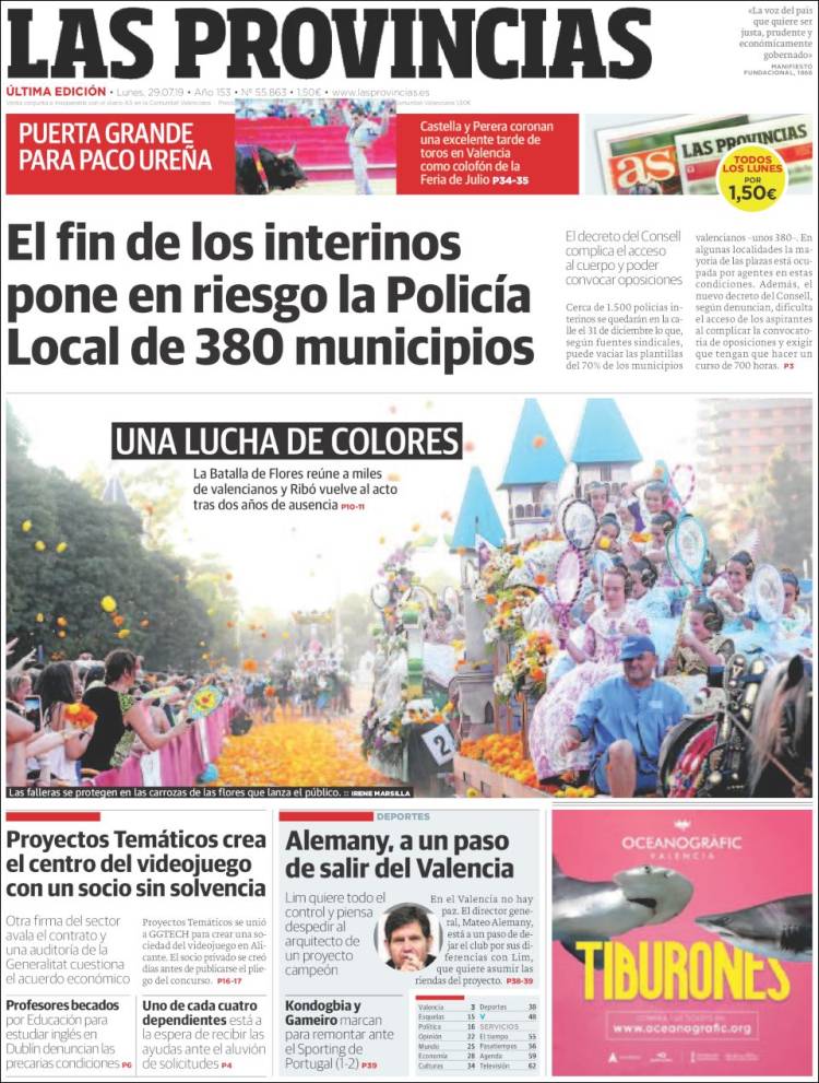 Portada de Las Provincias (Espa&ntilde;a)