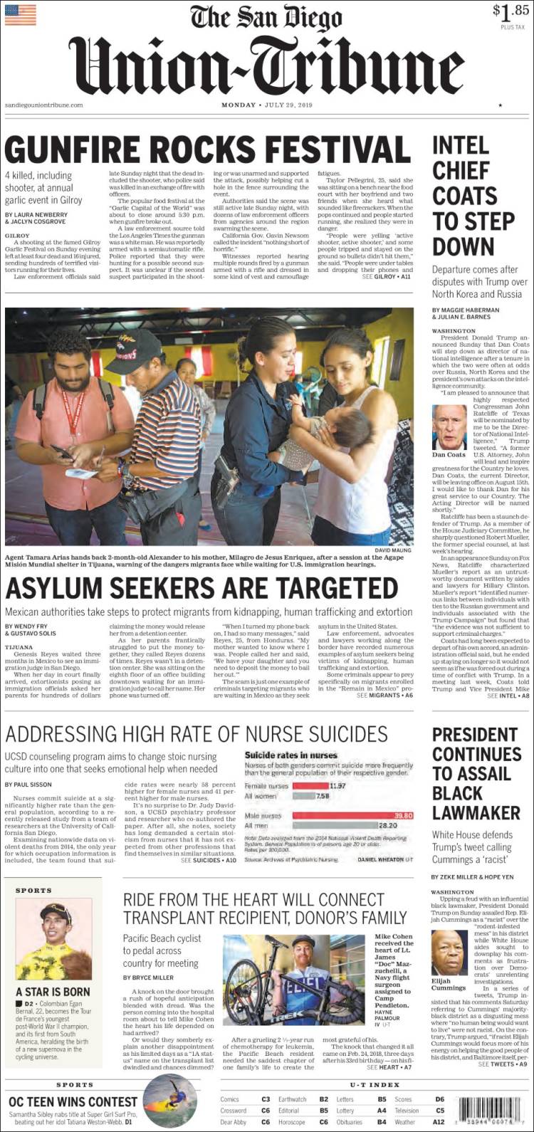 Portada de The San Diego Union-Tribune (USA)