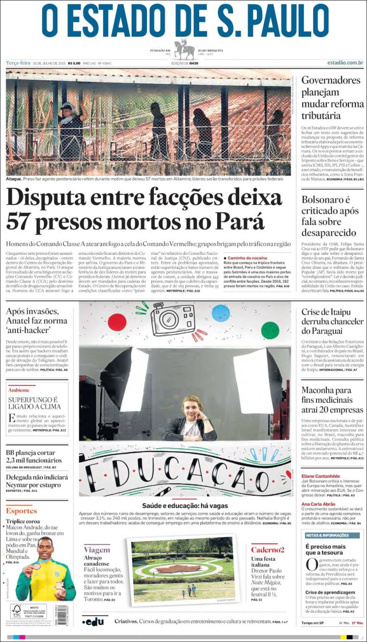 Portada de O Estado de São Paulo (Brasil)