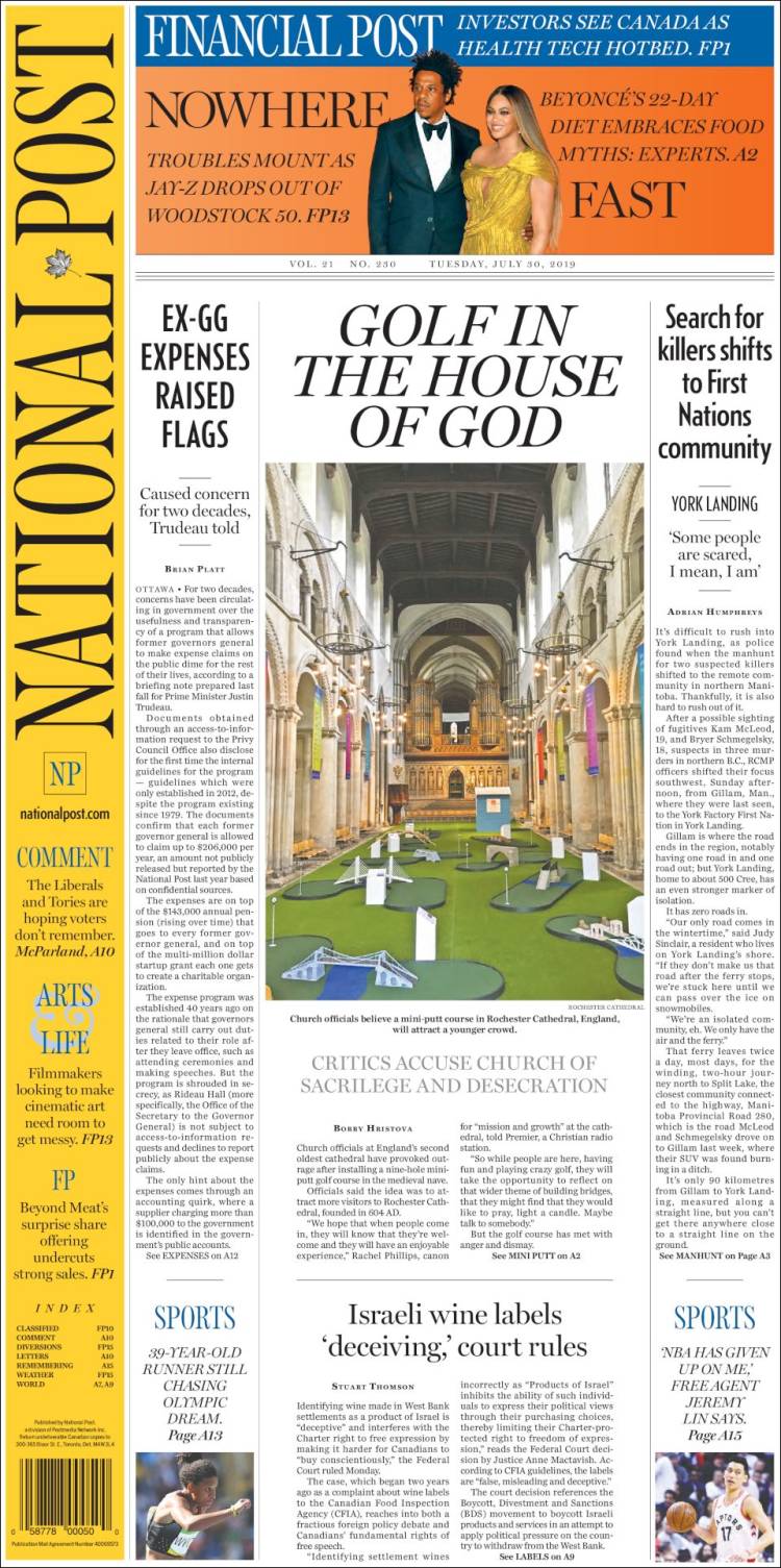 Portada de The National Post (Canada)