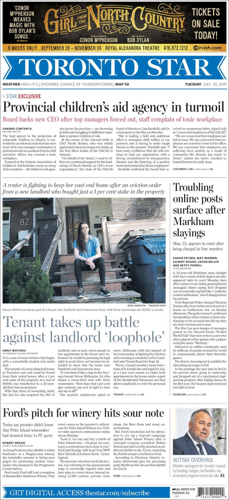 Portada de The Toronto Star (Canada)