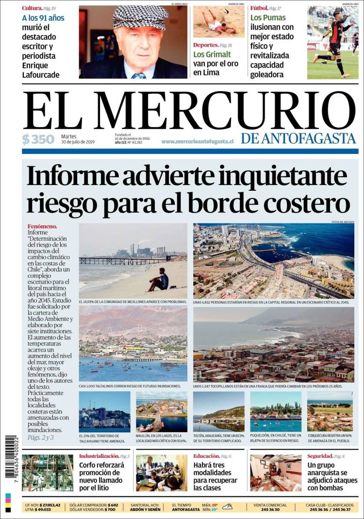 Portada de El Mercurio de Antofagasta (Chile)