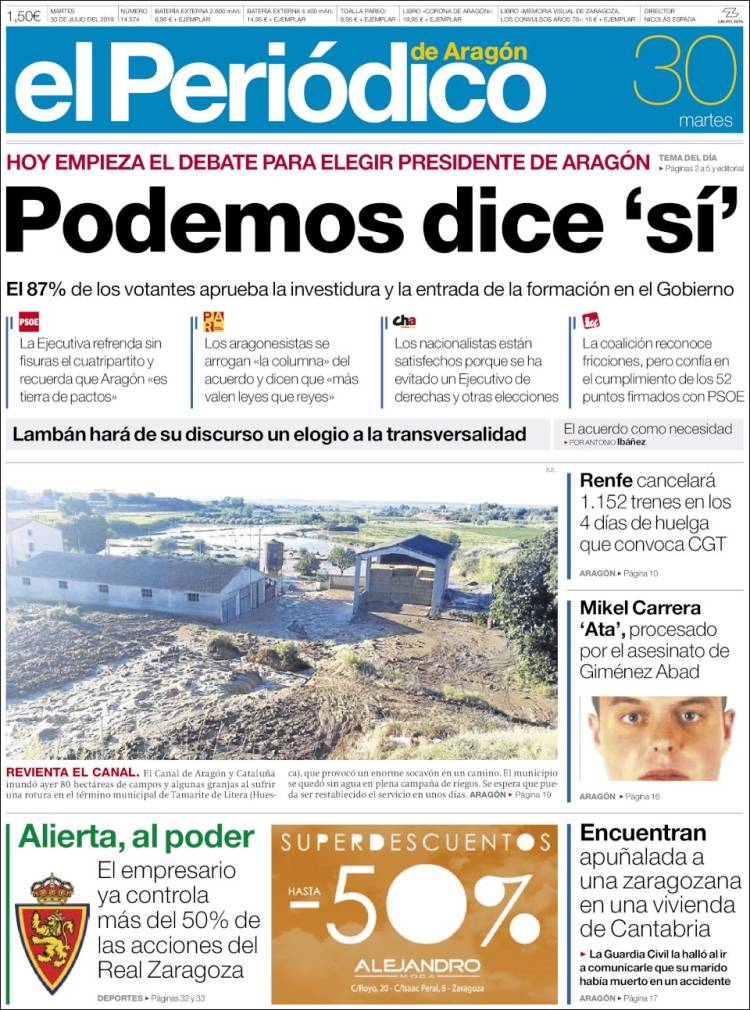 Portada de El Periódico de Aragón (Spain)