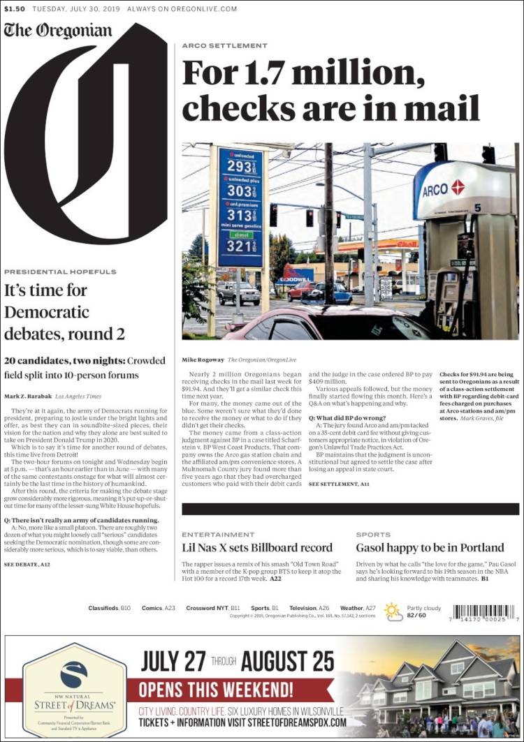 Portada de The Oregonian (États-Unis)