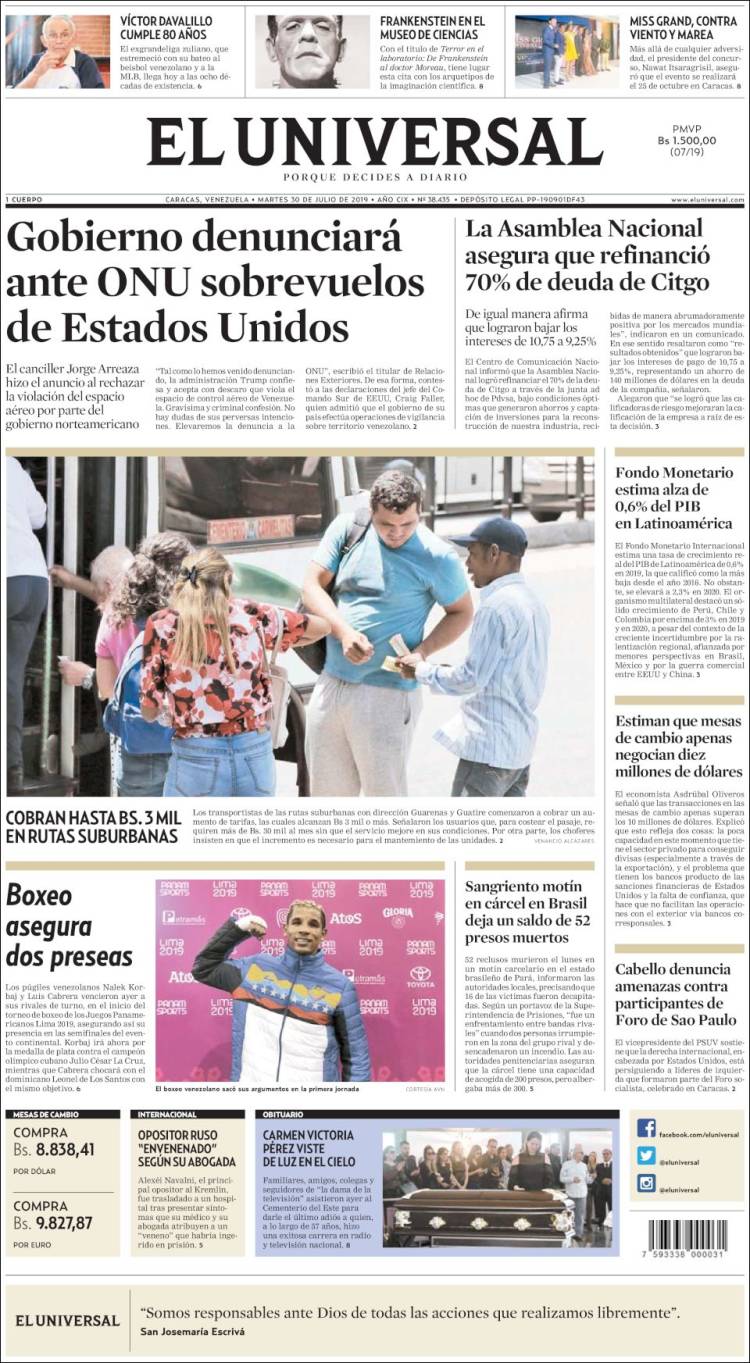 Portada de Universal (Venezuela)