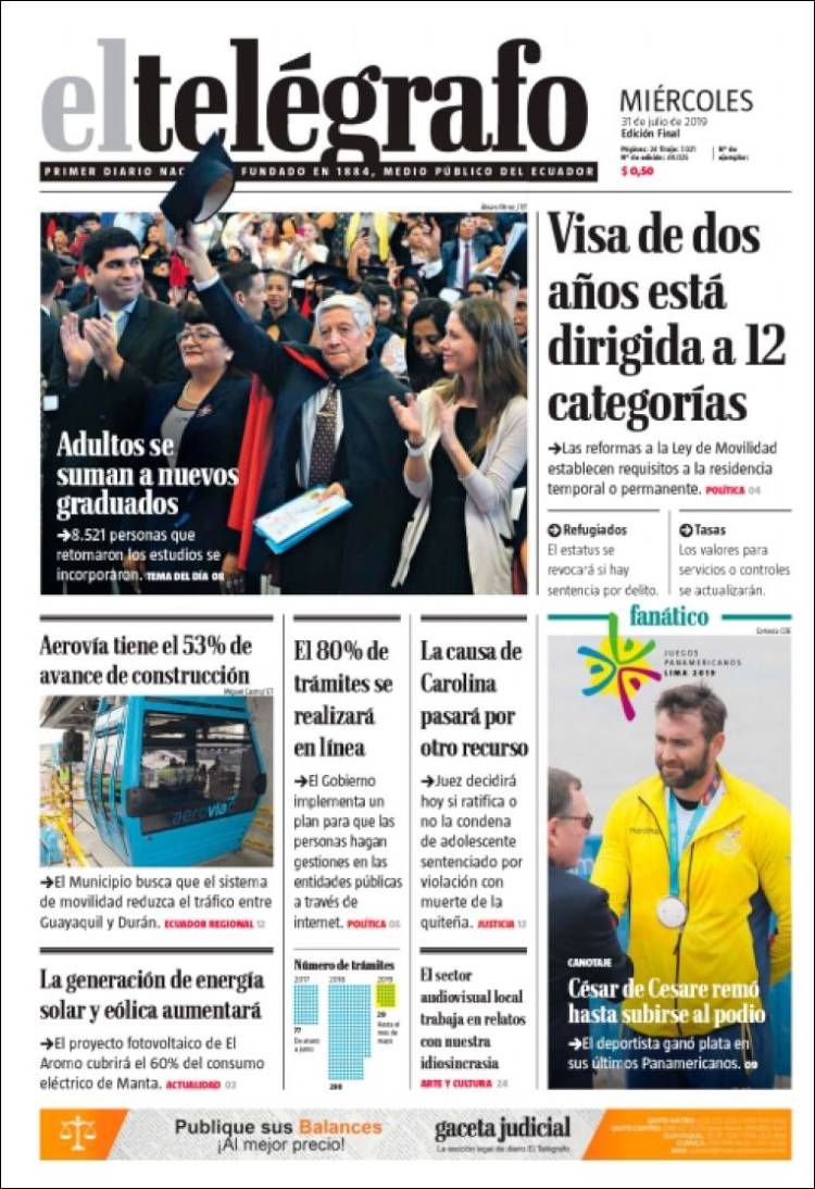 Portada de El Telégrafo (&Eacute;quateur)
