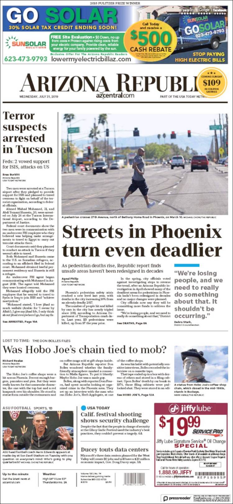 Portada de Arizona Republic News (USA)