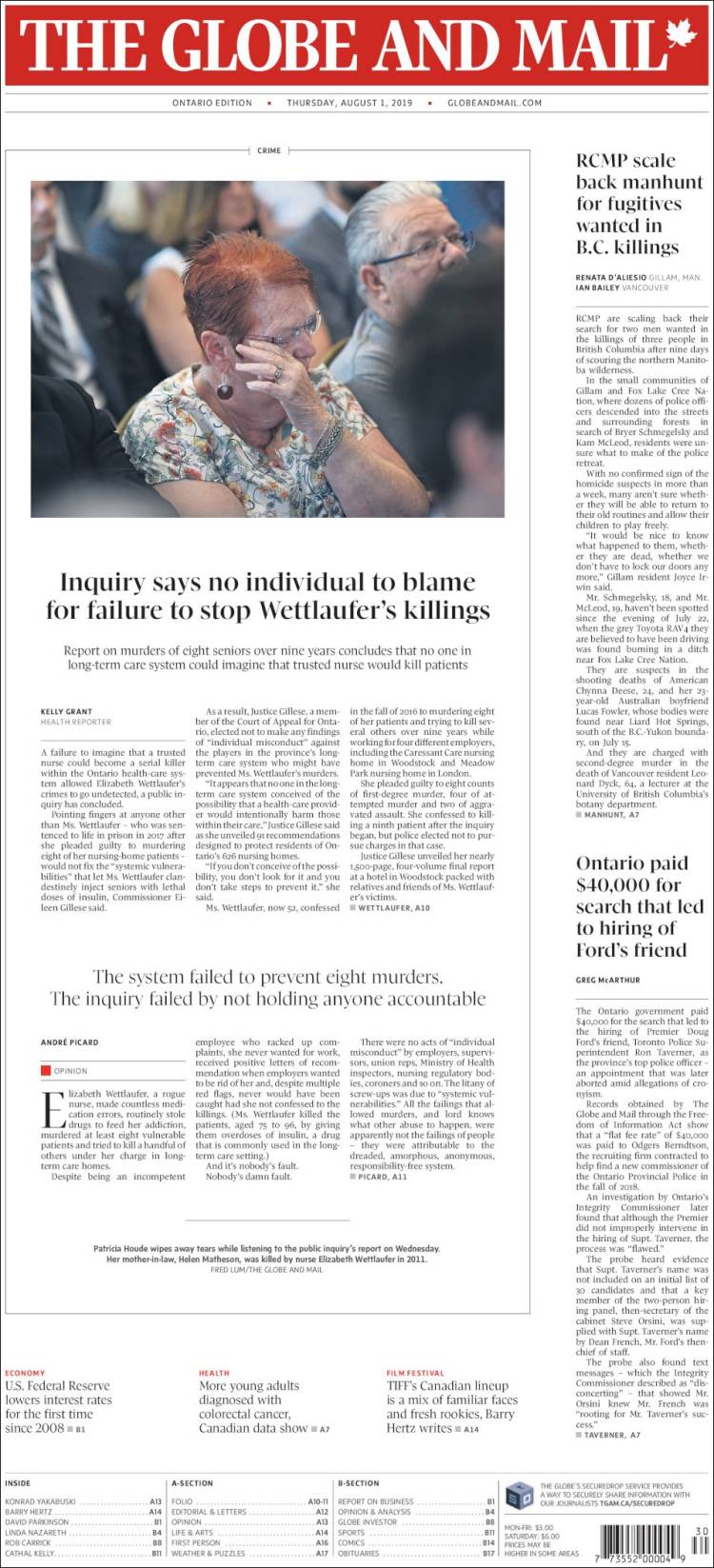 Portada de The Globe and Mail (Canadá)