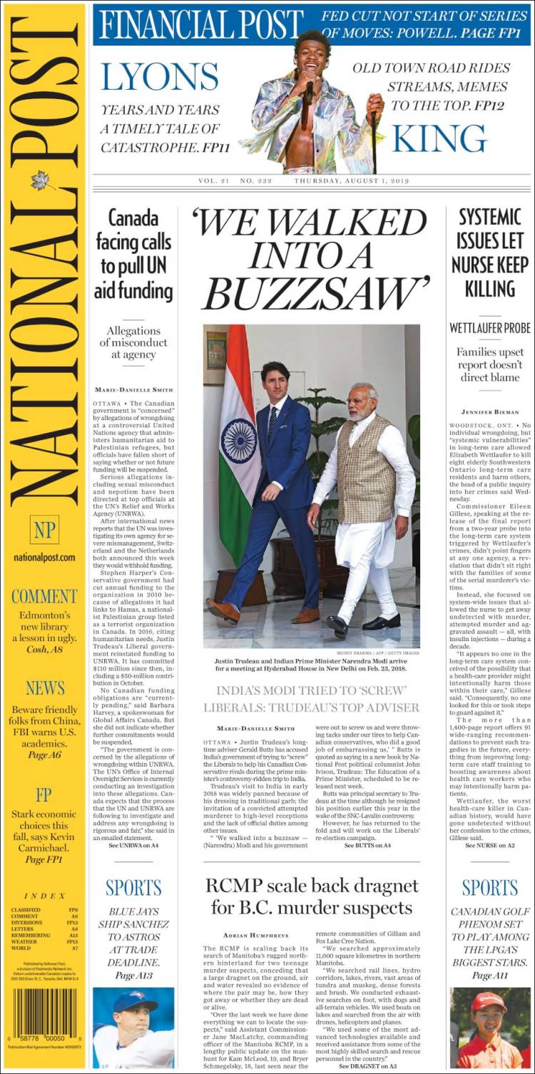 Portada de The National Post (Canadá)