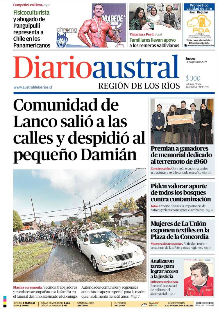 Portada de El Diario Austral de Valdivia (Chile)
