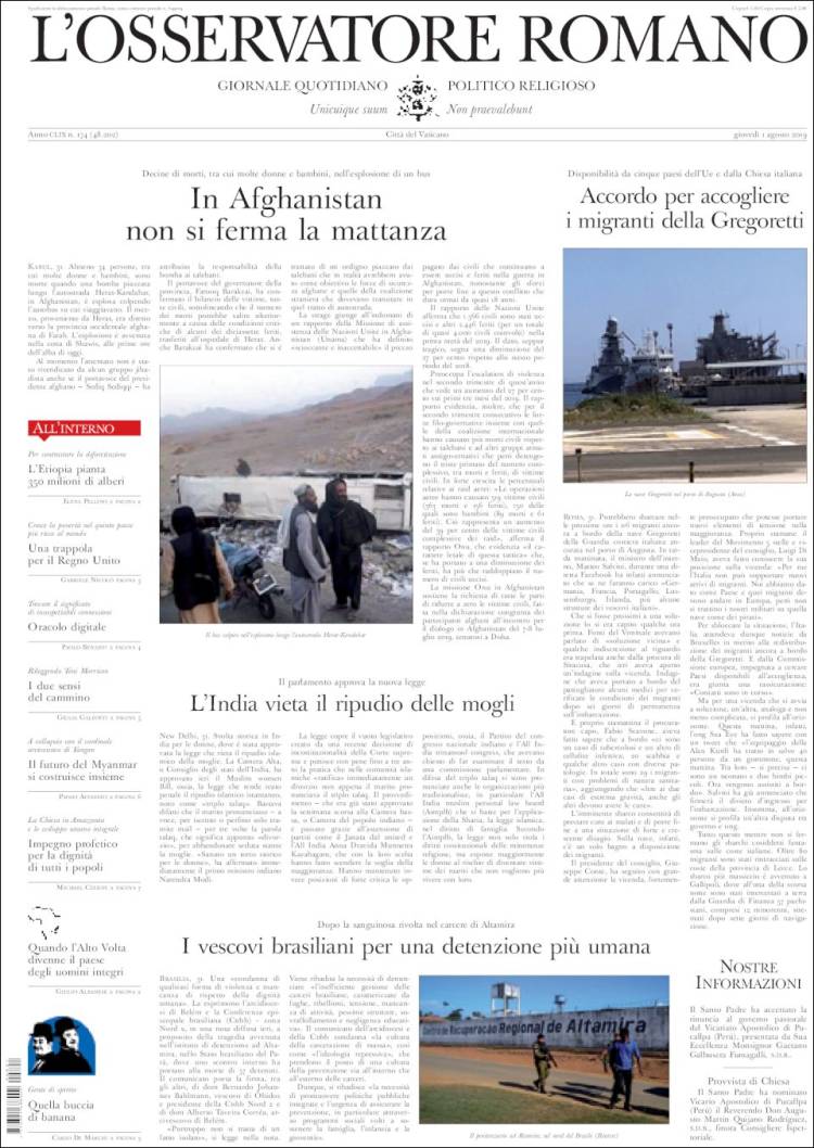 Portada de L'Osservatore Romano (Italia)