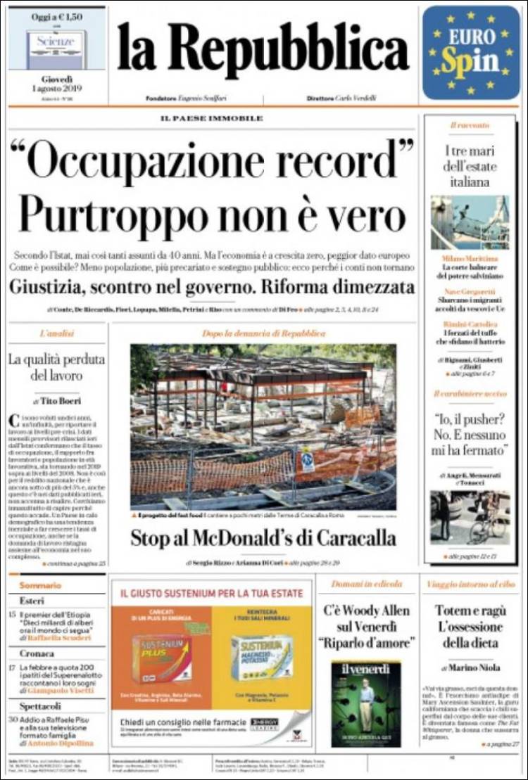 Portada de La Repubblica (Italia)