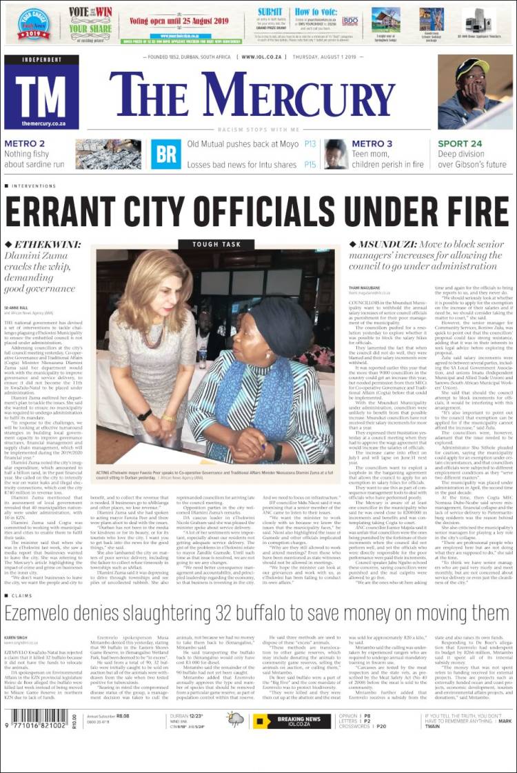 Portada de The Mercury (Sud&aacute;frica)