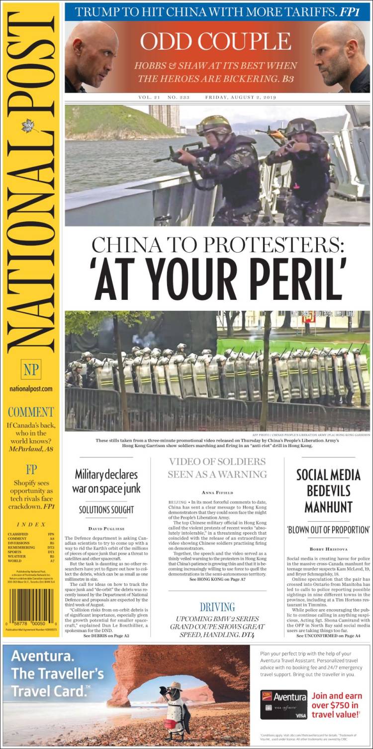 Portada de The National Post (Canadá)