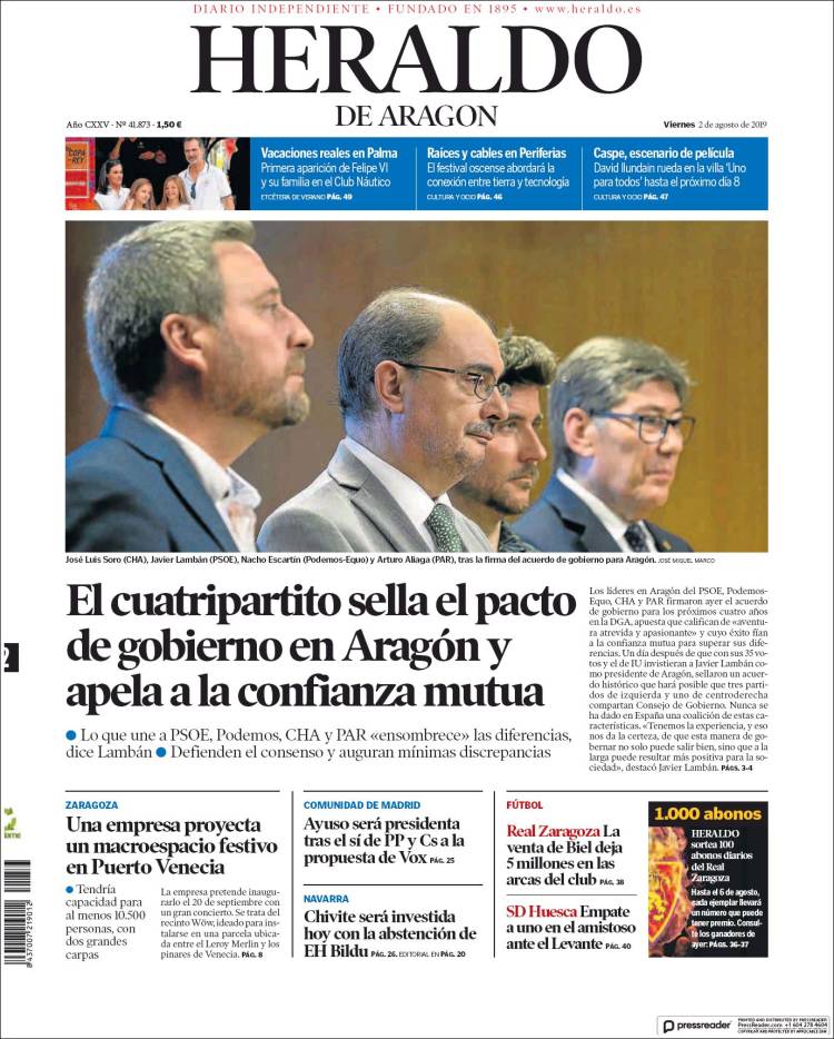 Portada de Heraldo de Aragón (España)