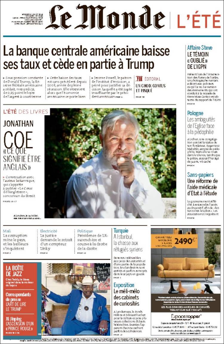 Periódico Le Monde (Francia). Periódicos de Francia. Edición de viernes, 2  de agosto de 2019. 