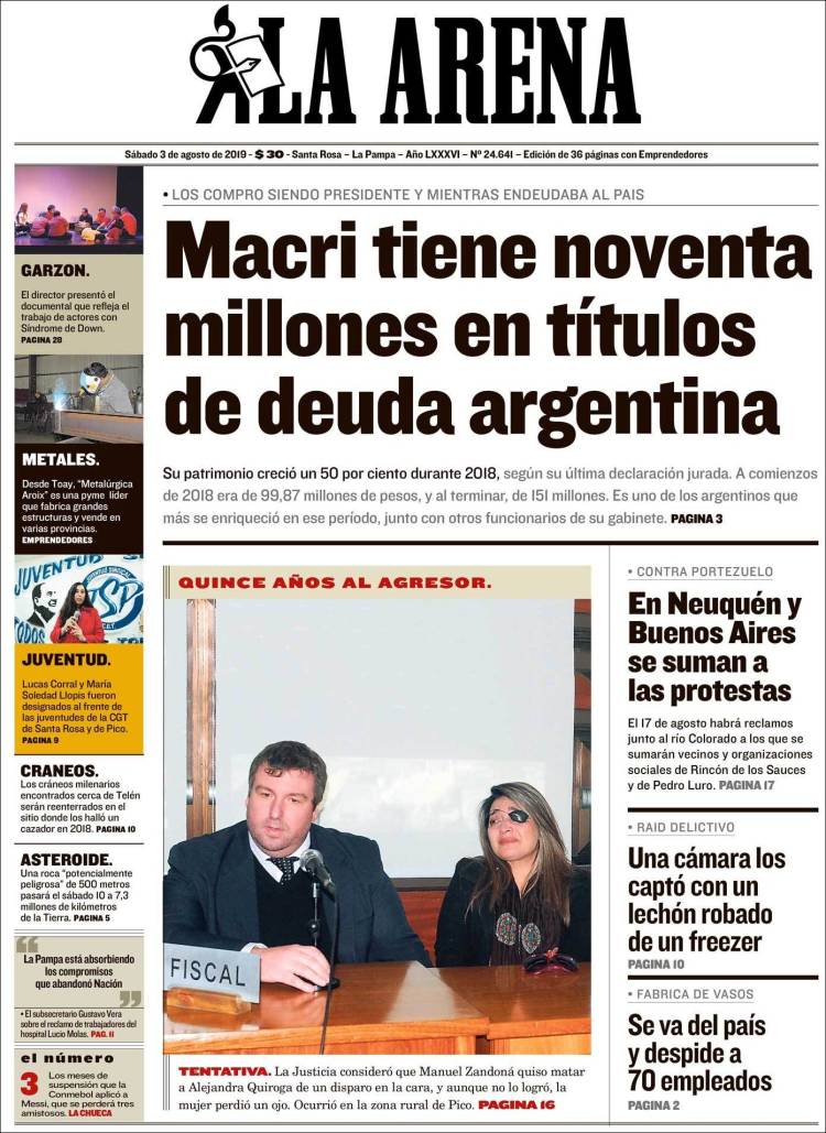 Portada de Diario La Arena (Argentina)
