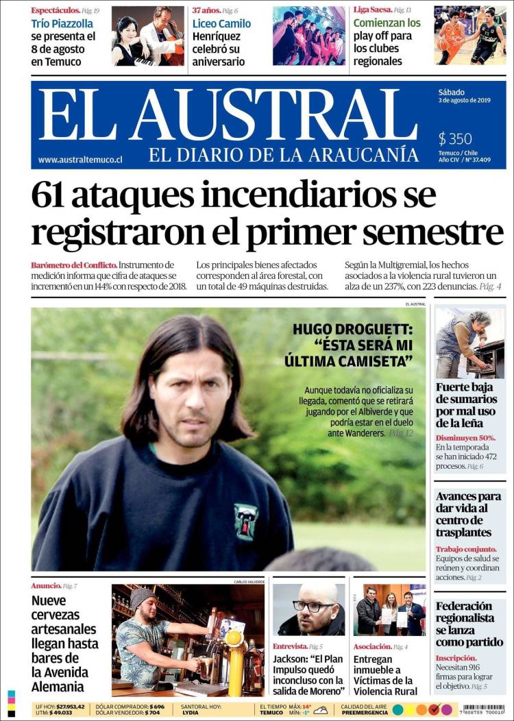 Portada de El Austral de Temuco (Chile)