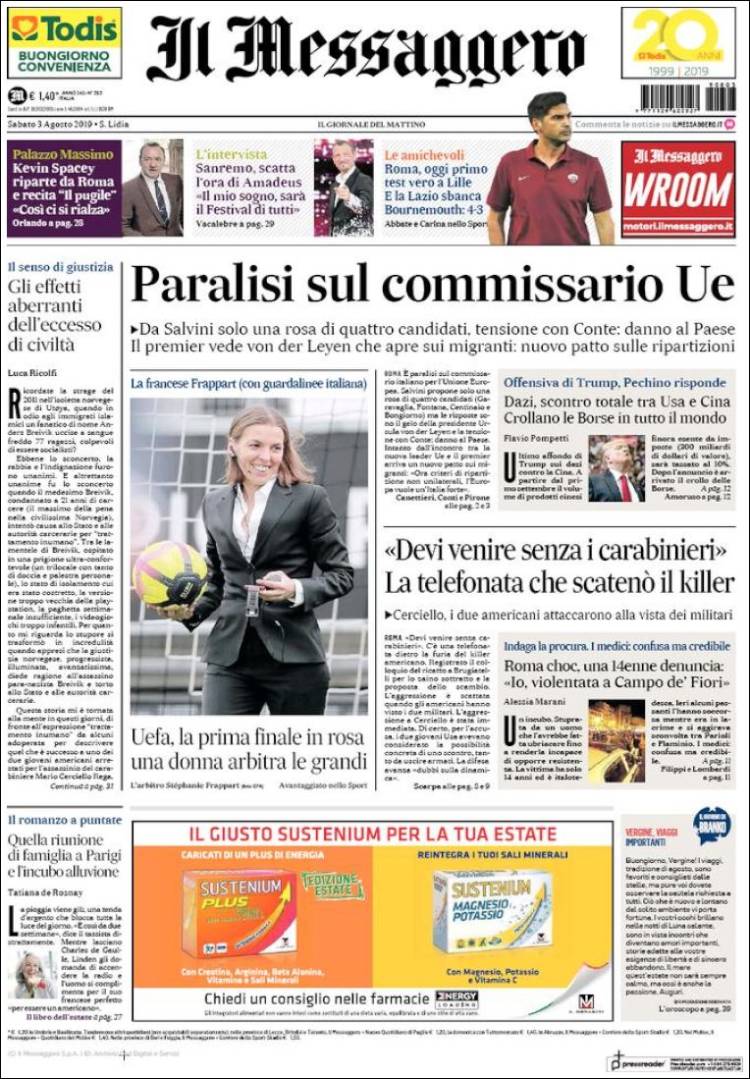 Portada de Il Messaggero (Italia)