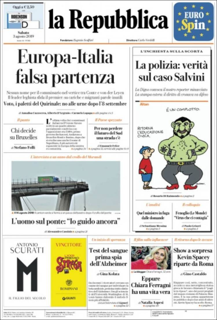 Portada de La Repubblica (Italia)