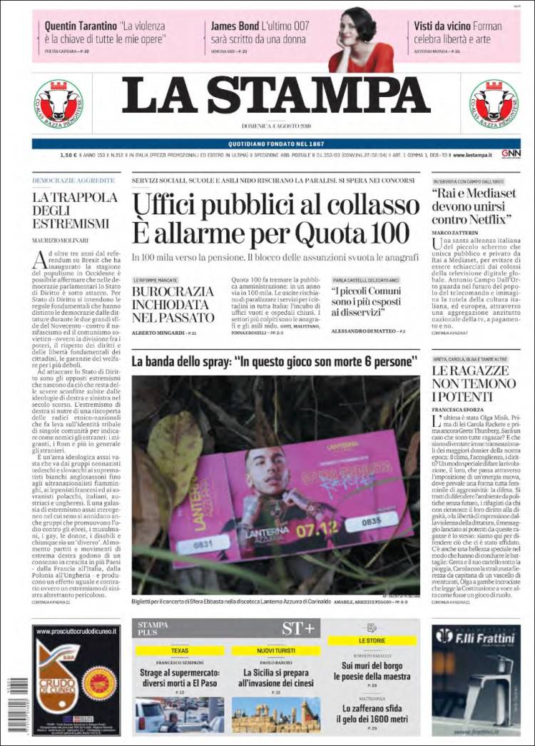 Portada de La Stampa (Italia)