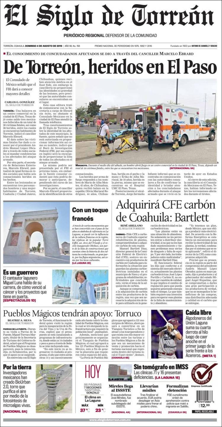 Portada de El Siglo de Torreon (M&eacute;xico)