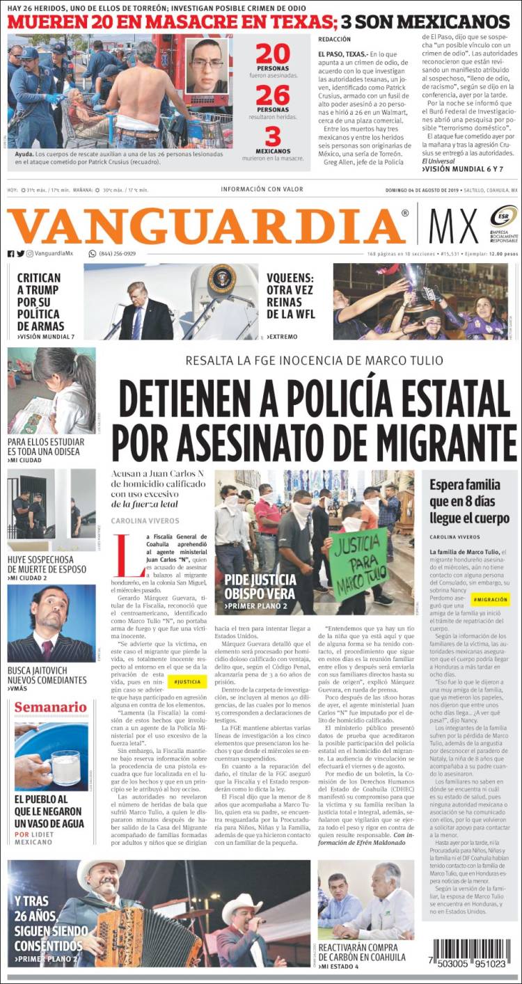 Portada de Vanguardia (M&eacute;xico)