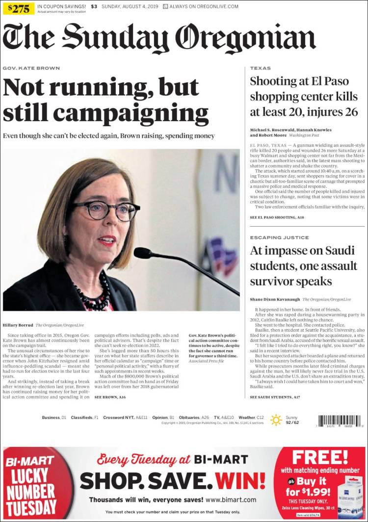 Portada de The Oregonian (USA)