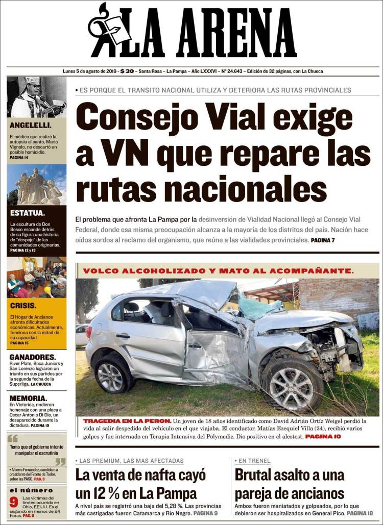 Portada de Diario La Arena (Argentina)