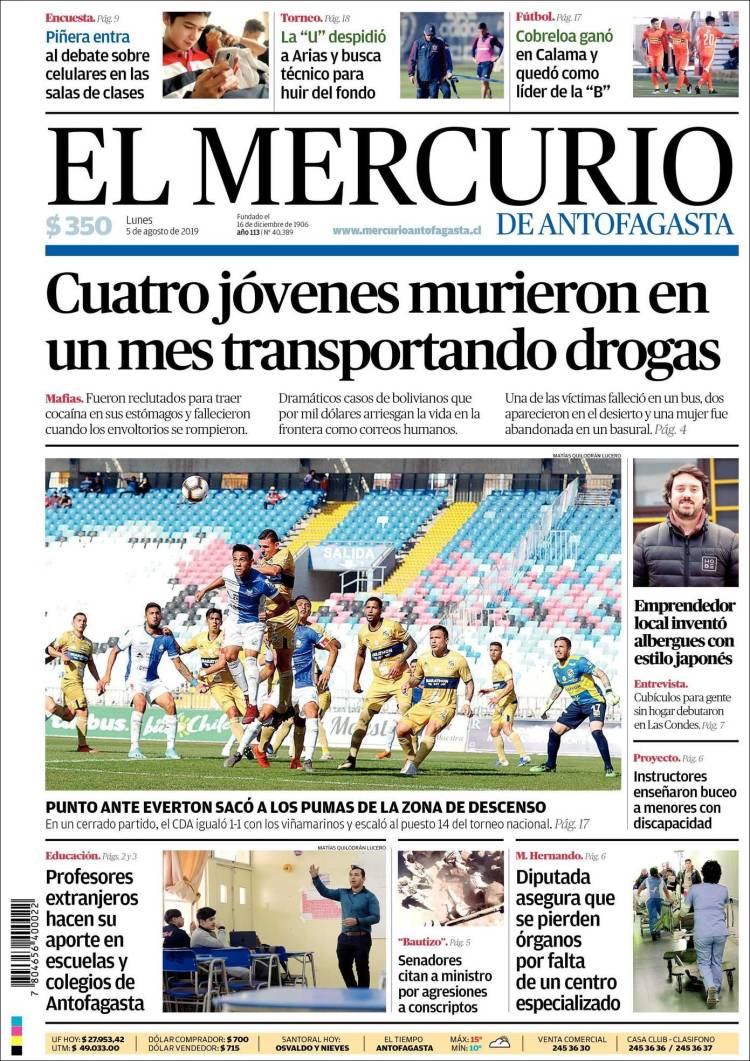 Portada de El Mercurio de Antofagasta (Chile)