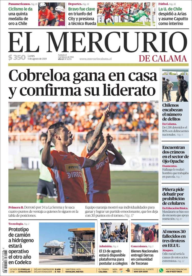 Portada de El Mercurio - Calama (Chile)