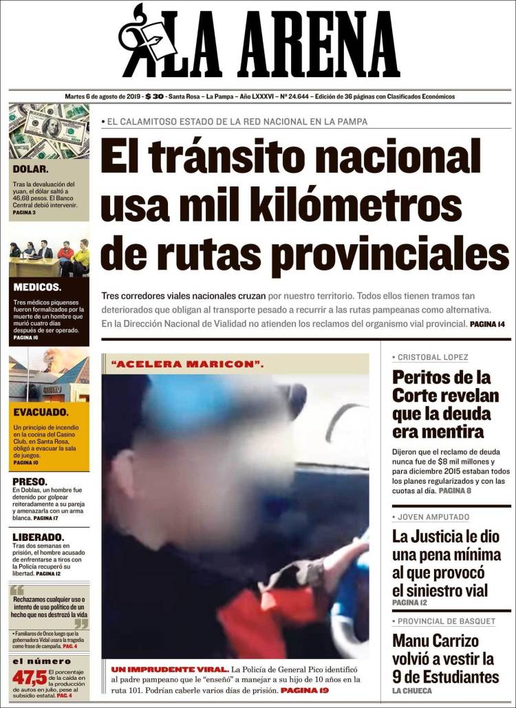Portada de Diario La Arena (Argentina)
