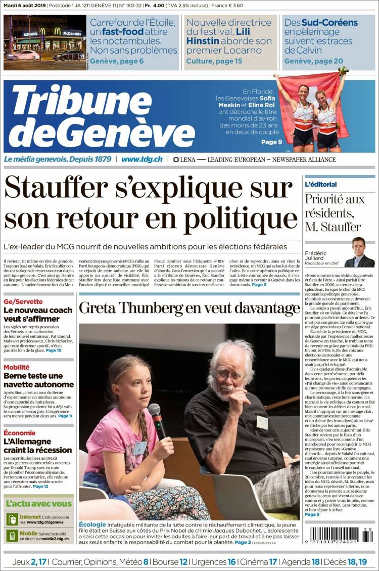 Portada de La Tribune de Genève (Suiza)