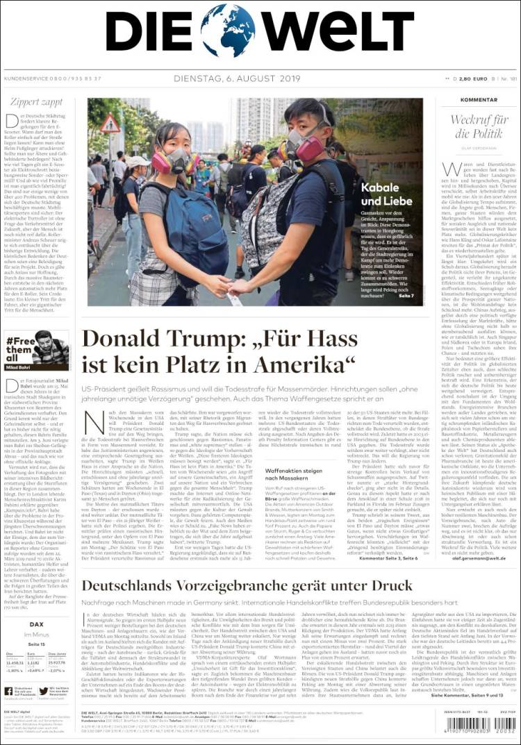 Portada de Die Welt (Alemania)
