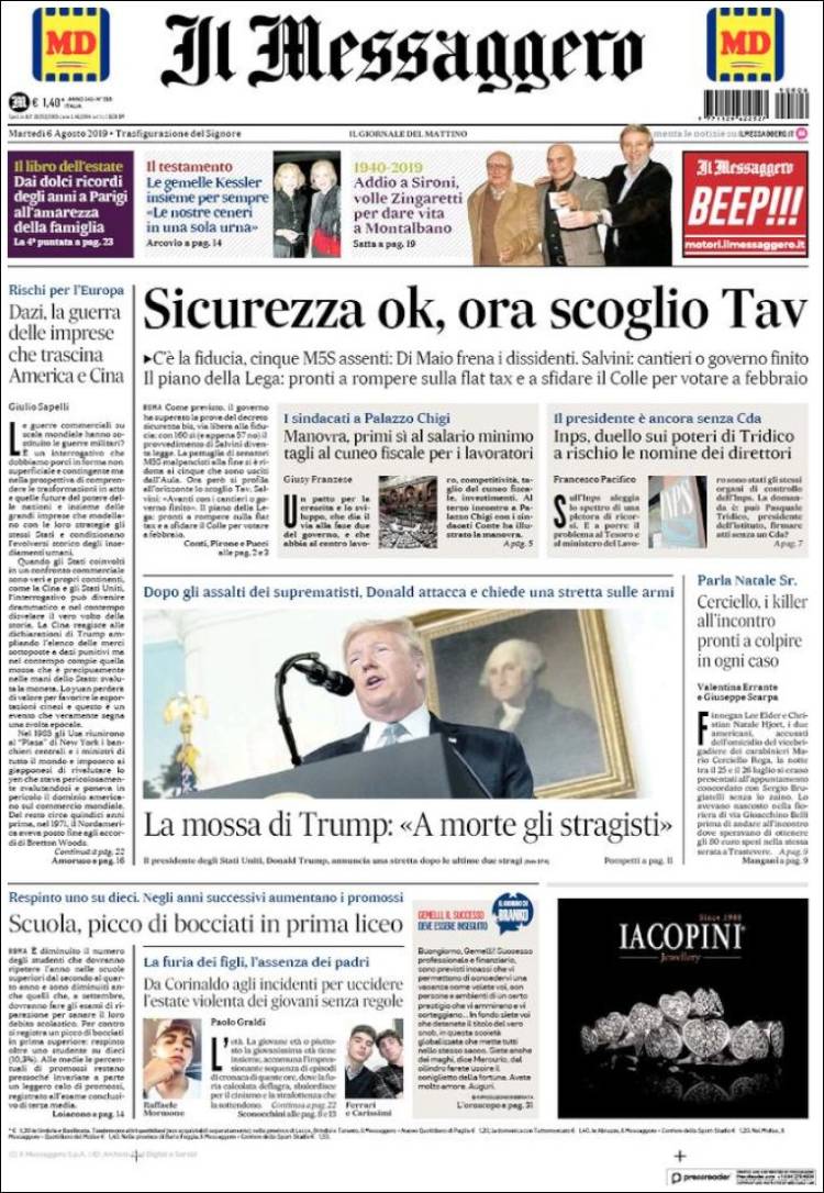 Portada de Il Messaggero (Italia)