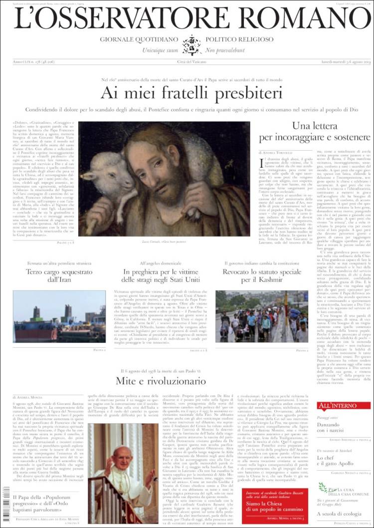 Portada de L'Osservatore Romano (Italia)