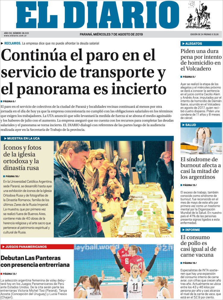 Portada de El Diario de Paraná (Argentina)