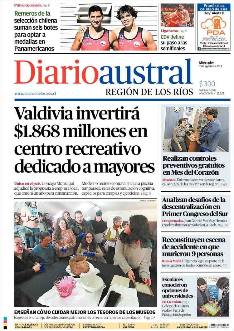 Portada de El Diario Austral de Valdivia (Chile)