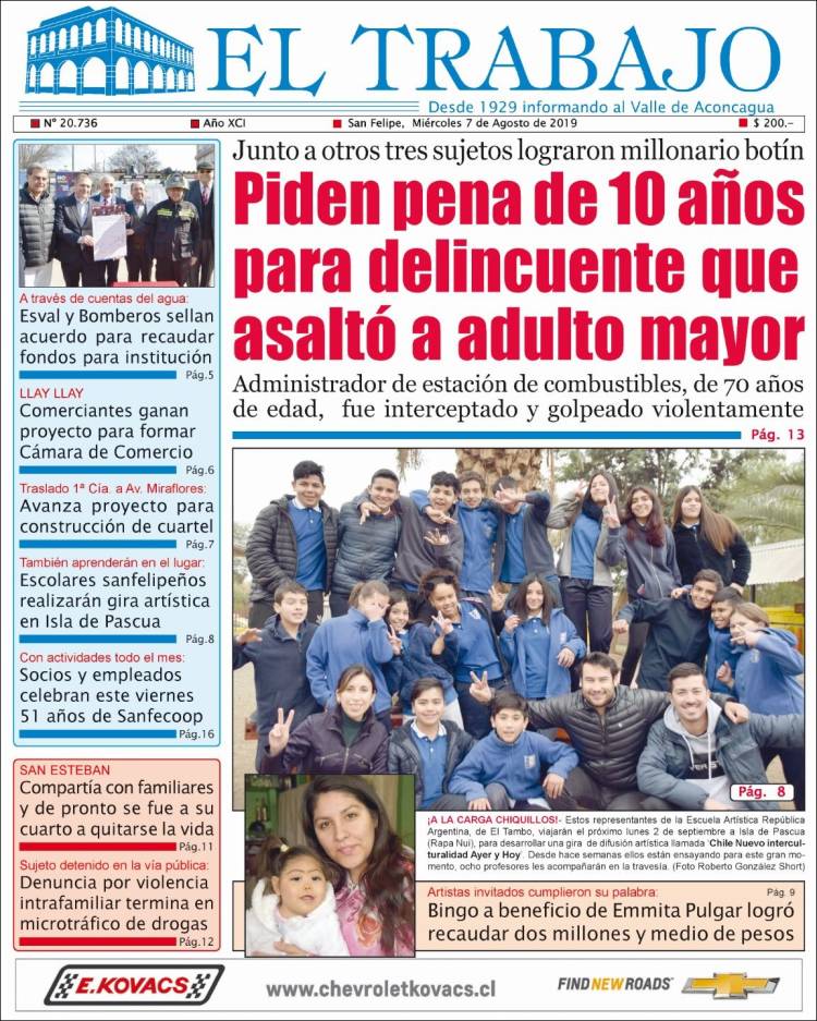 Portada de El Trabajo (Chile)