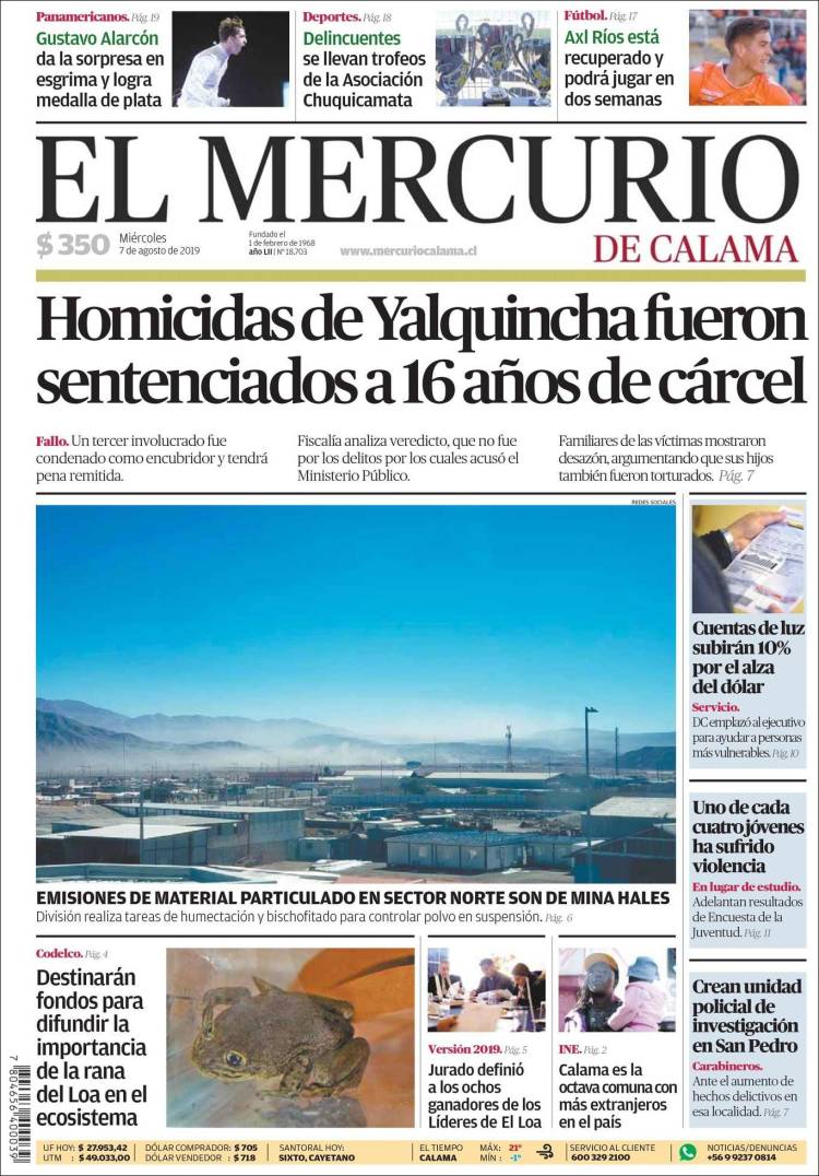 Portada de El Mercurio - Calama (Chile)