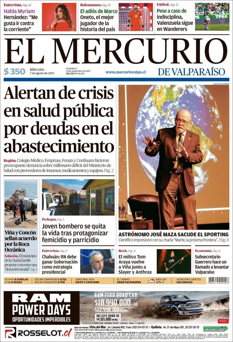 Portada de Mercurio de Valparaiso (Chile)