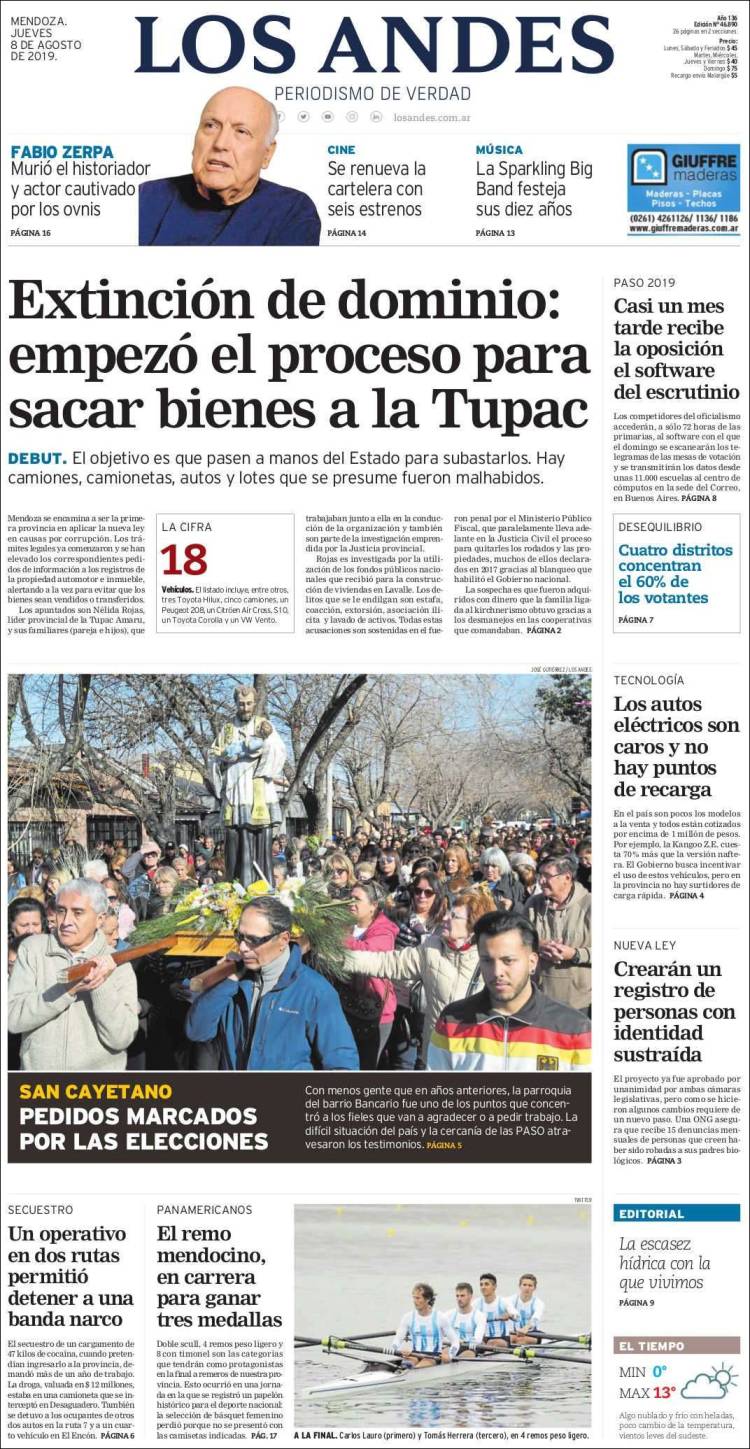 Portada de Los Andes - Mendoza (Argentina)