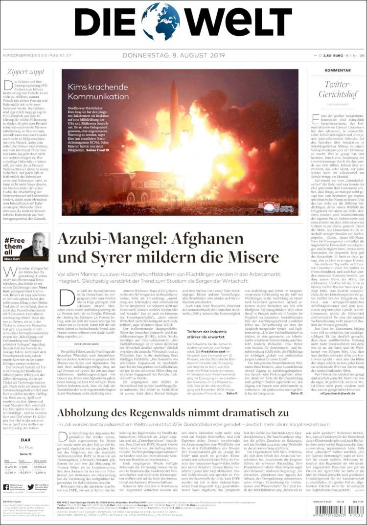 Portada de Die Welt (Alemania)