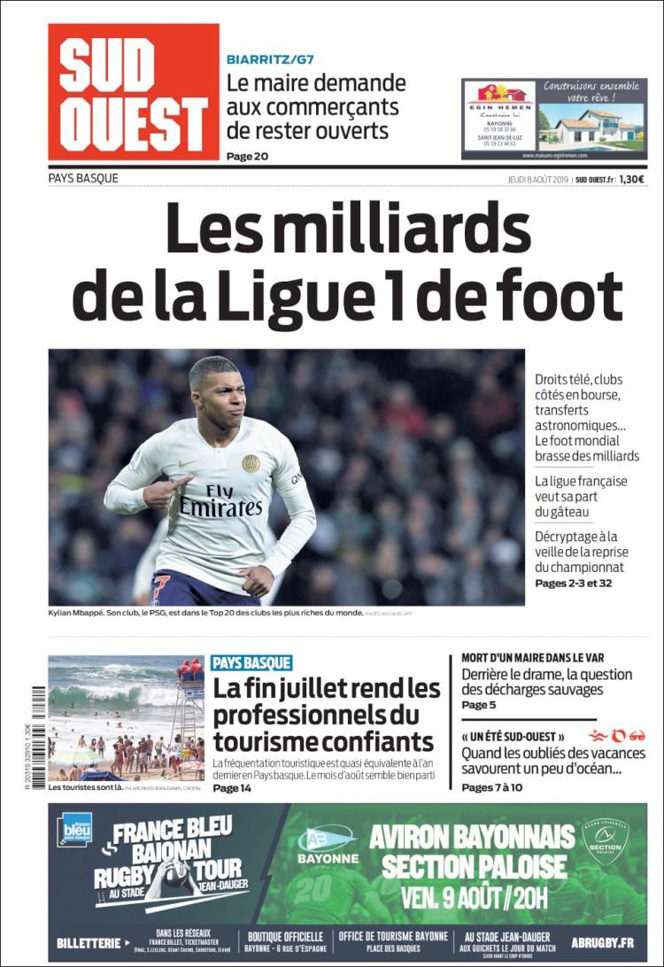 Portada de Sud Ouest (Francia)