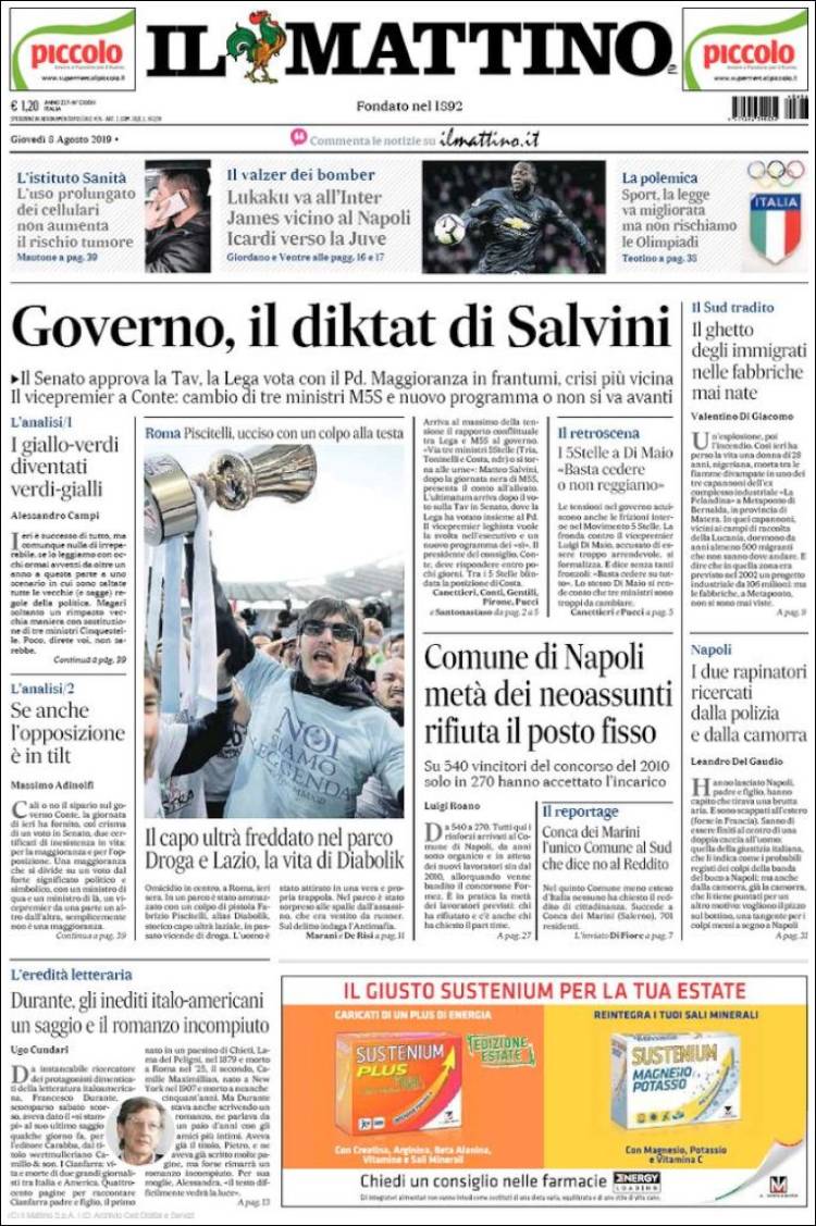 Portada de Il Mattino (Italia)