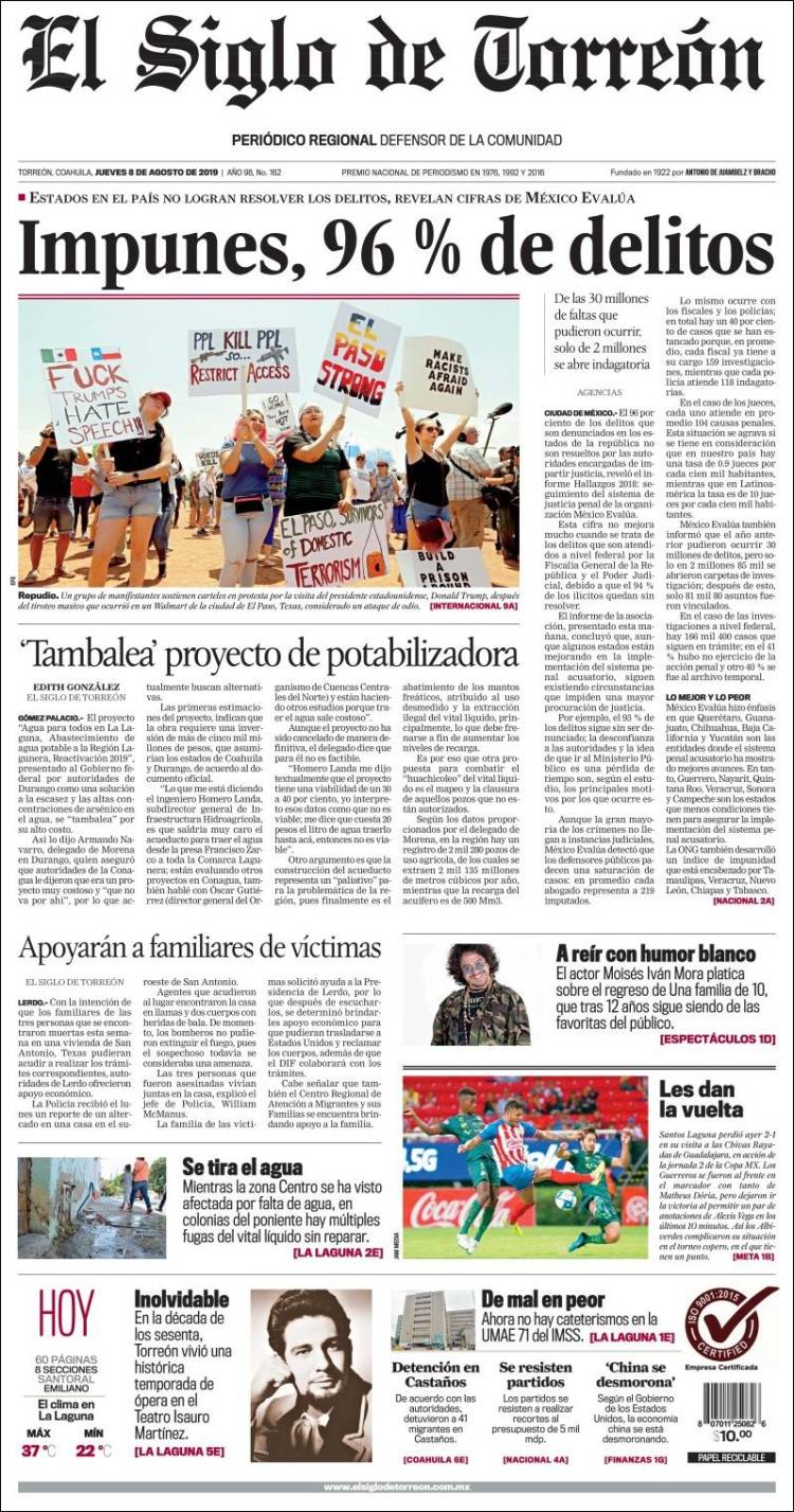 Portada de El Siglo de Torreon (M&eacute;xico)